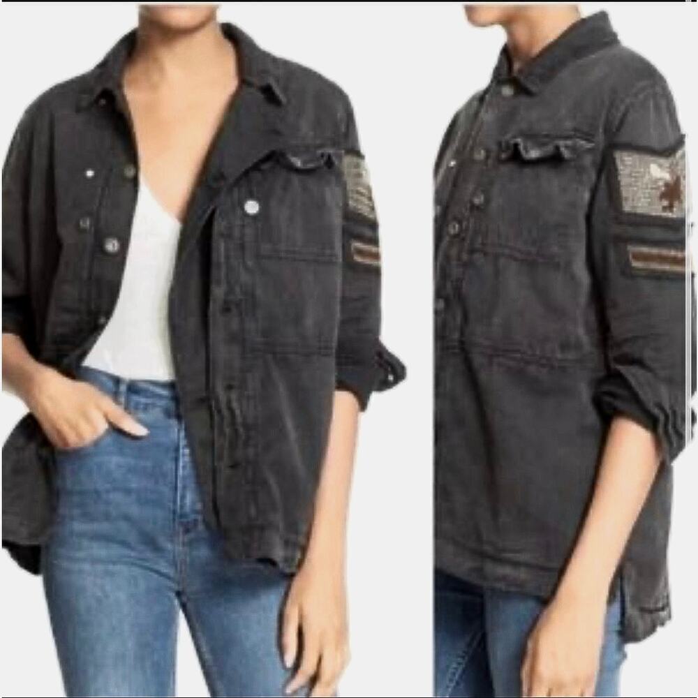 Free People Distressed Beaded Military Shirt Jacket EUC Black Washed Out XS